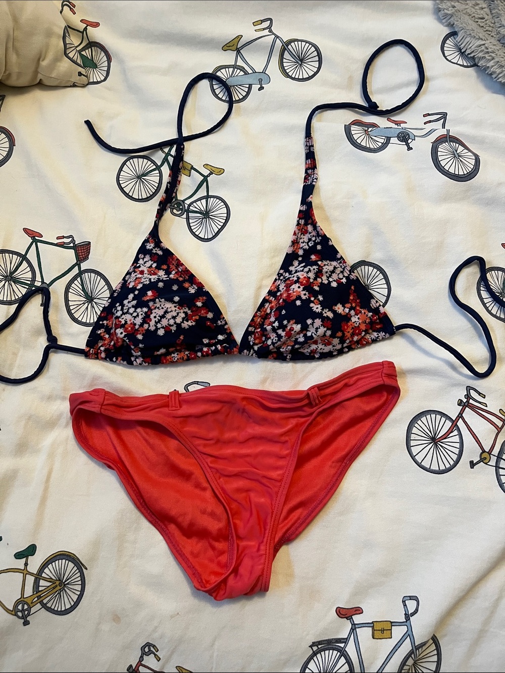 7/$20 Garage Navy Floral Triangle Bikini Top with Coral Bottoms 7/$20